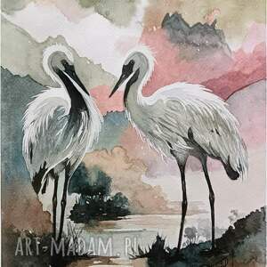 Wspólna chwila, Akwarela 24x32 cm, żuraw, pejzaż, żurawie, zwierzęta