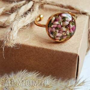 pierścionek z żywicy wrzosem, biżuteria artystyczna prezent dla niej