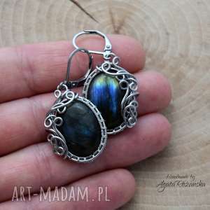 kolczyki labradoryt, wire wrapping, stal chirurgiczna