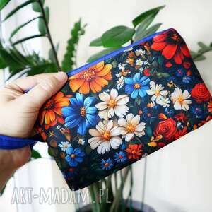 kosmetyczka płaska do torebki z rączką kwiaty granat, saszetka
