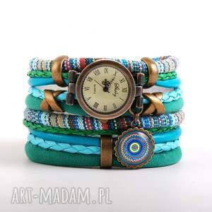 zegarek - bransoletka w stylu boho, niebiesko turkusowy z zawieszką