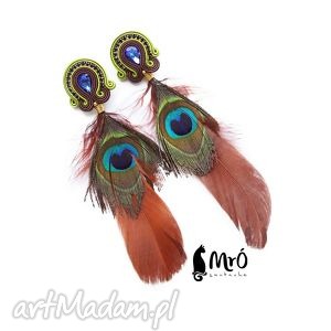 mrosoutache peacock eye - etniczne kolczyki soutache z piórkami, pawiepióro
