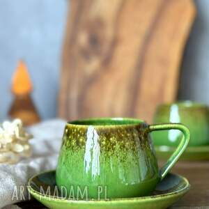 filiżanka ze spodkiem beczułka zielona ręcznie robiona 250 ml - natura, ceramika