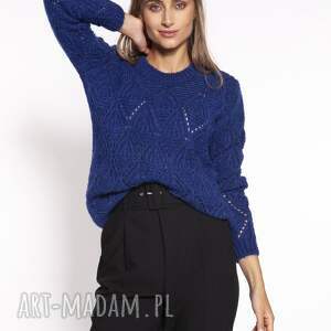 ażurowa, dzianinowa bluza - swe266 kobalt mkm sweter, sweter z długim rękawem