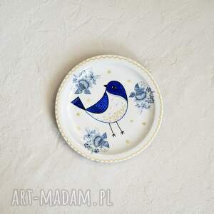talerz na ścianę - niebieski ptak, dekoracja scienna ptaszek, recznie