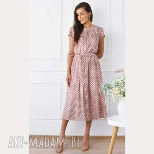 Livia-Clue - Wiskozowa sukienka midi ala (grochy pudrowy róż) w groszki - retro, rozkloszowana