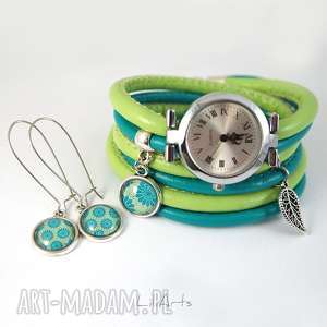 zegarki komplet - zegarek i kolczyki turkusowo, zielony owijany, rzemienie