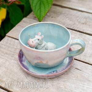 ręcznie zrobione ceramika ceramiczna filiżanka z figurką hipopotama - bubble gum ok 350