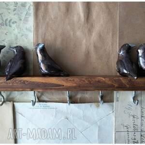 wieszak z kawkami ceramika ptaszki, drewno