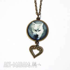handmade wisiorki medalion, naszyjnik - biały wilk - serce, brąz