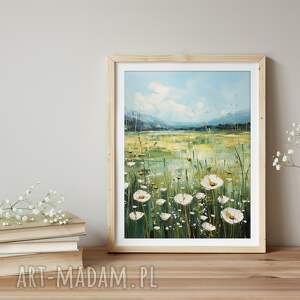 plakaty nowoczesny obraz zielona łąka z białymi kwiatami - obraz w stylu boho - plakat