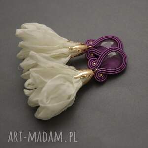 sisu fioletowo - białe kolczyki sutasz z kwiatkami, sznurek, eleganckie, delikatne