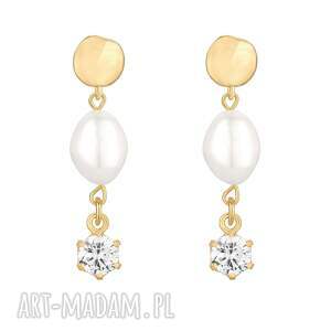 złote kolczyki z perłami i bezbarwnymi cyrkoniami pozłacany wiszące