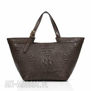 shopper bag z fakturą krokodyla - ls04 ciemnobrązowa, torebka, brązowa torebka