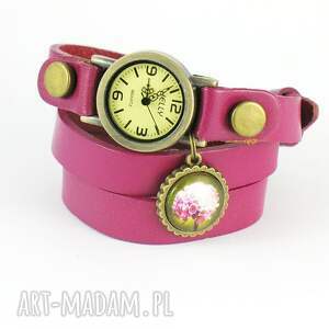 handmade bransoletka, zegarek - retro lato różowy, skórzany
