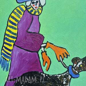 obraz olejny ręcznie malowany babcia z pieskiem, obrazy olejne babci