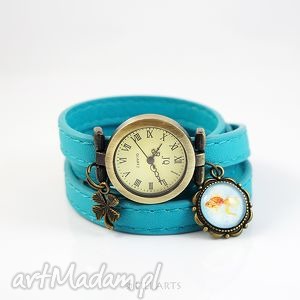bransoletka, zegarek - złota rybka turkusowy, retro, grafika, prezent
