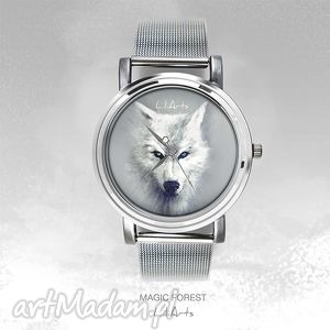 handmade upominki święta zegarek, bransoletka - biały wilk - magic forest