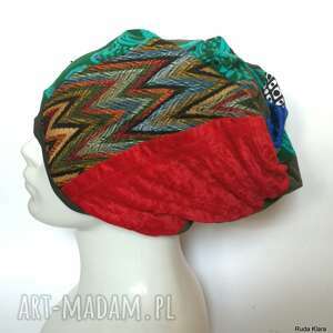 czapka turbanowa etno boho patchwork podszewce, rozmiar uniwersalny, lekko