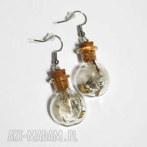 kolczyki fiolki - dmuchawiec, pastylki, szklana fiolka, suszone kwiaty