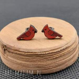 kolczyki drewniane ptaki czerwone, ptaszki, kardynał, zwierzęta