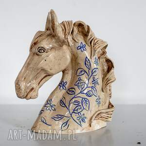 AzulHorse: Pegaz - ceramiczne popiersie konia w stylu prowansalskim, biel z przecierkami ceramika na prezent, z koniem, rzeźba