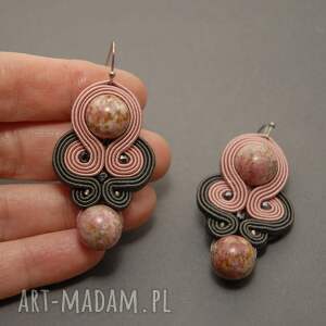 różowo grafitowe kolczyki sutasz z rodonitami, sznurek, eleganckie