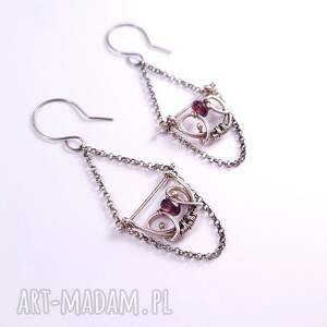 sourire - srebrne kolczyki wire wrapping z granatem eleganckie wiszące