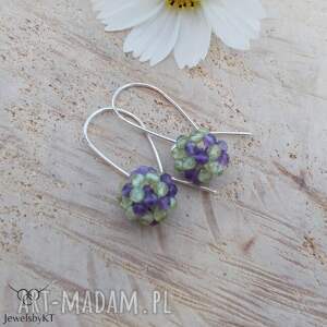 kulki zielono fioletowe - kolczyki, kolorowe na lato, biżuteria z kamieniami