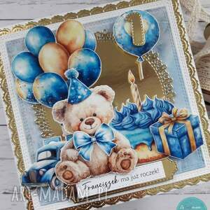 Kartka na roczek dla chłopca z misiem 2, personalizacja