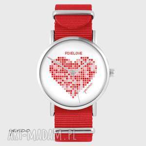 handmade zegarki zegarek, bransoletka - serce pikselove - czerwony, nato