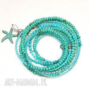 handmade bransoletka naszyjnik boholinka morska z perłą turkusowe korale szklane