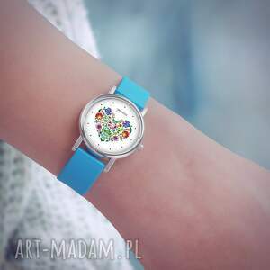 ręcznie zrobione zegarki zegarek mały - serce folkowe - silikonowy, niebieski