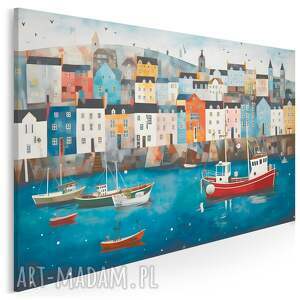 obraz do salonu - kolorowe miasto portowe z łodziami 70x50 cm 126301 łodzie