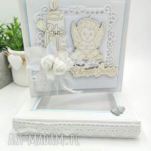kartka na chrzest święty z pudełkiem - aniołek i świeca scrapbooking, rękodzieło