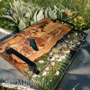 podkładki deska z drewna oliwnego - zielona żywica i paproć, len, kocanki