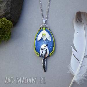 Naszyjnik „Raniuszek i przebiśnieg”, zawieszka, ptaki, natura, lód