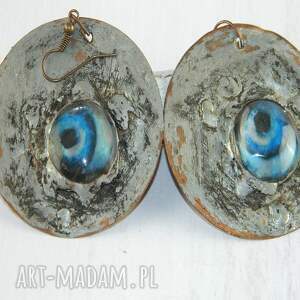 niebieskie oko surona, miedziane kolczyki biżuteria autorska unikatowa