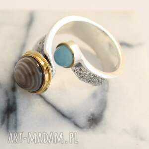 pierścionek z krzemieniem pasiastym i agatem aqua, srebrny