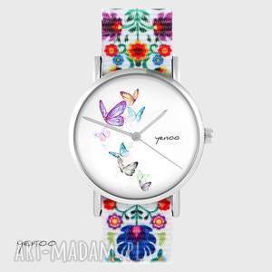 handmade zegarki zegarek - motyle - folk biały, nato
