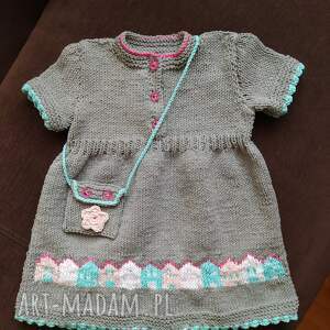 sukienka domki z torebką niemowlę, rękodzieło na drutach, włóczka bawełniana