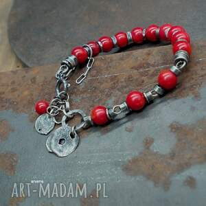 koral czerwony 029 niej, srebro oksydowane czerwona bransoletka