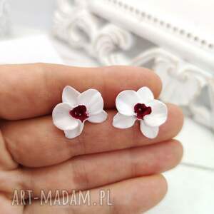 bloomingclayjewelry kolczyki sztyfty z miniaturowymi białymi storczykami gliny