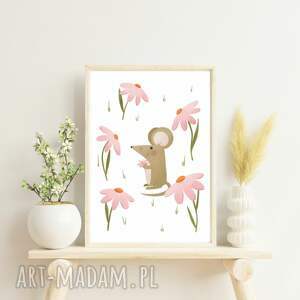 wiosenna ilustracja myszka i kwiaty kwiatki, plakat, pokój dziecka