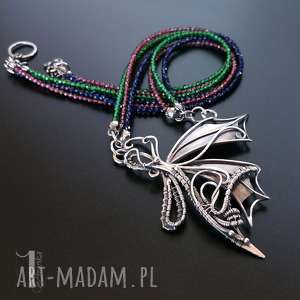 mnemosyne srebrny naszyjnik z granatem i agatami, wirewrapping, motyl