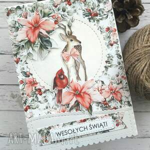 handmade na święta upominki kartka świąteczna z jelonkiem i kardynałem