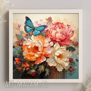 retro obraz kwiaty piwonii i motyl - plakat niebieski wydruk