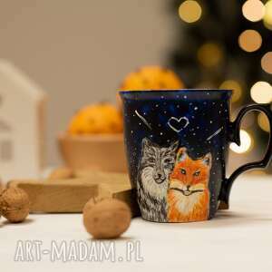 porcelanowy kubek do kawy z wilkiem i lisem, malowana - Pracownia Szafran dom kubki