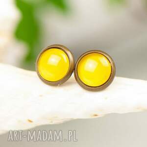 okrągłe sztyfty ze szklanymi kaboszonami c804 - 3, żółte kolczyki, małe kolczyki