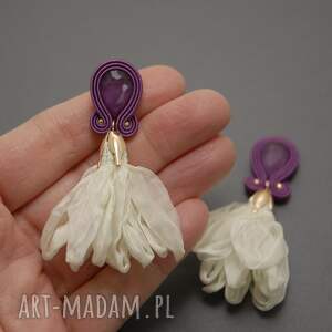 fioletowo - białe klipsy sutasz z kwiatkami, sznurek, eleganckie, wyjściowe